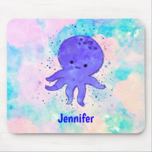 Mousepad Nome Personalizado de Cor de Água do Octopus Azul-