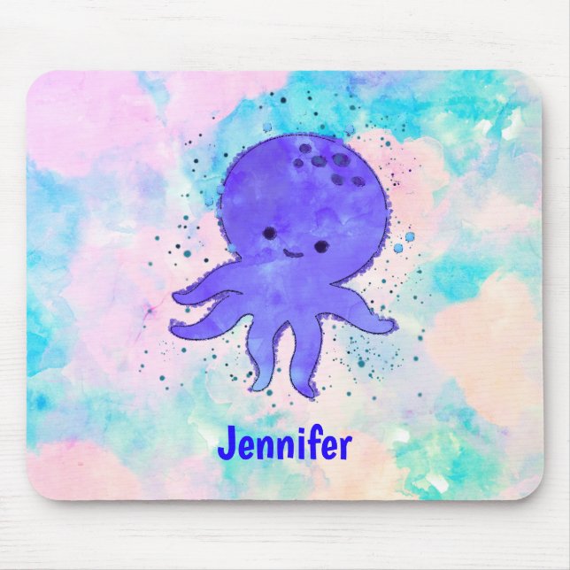 Mousepad Nome Personalizado de Cor de Água do Octopus Azul- (Frente)