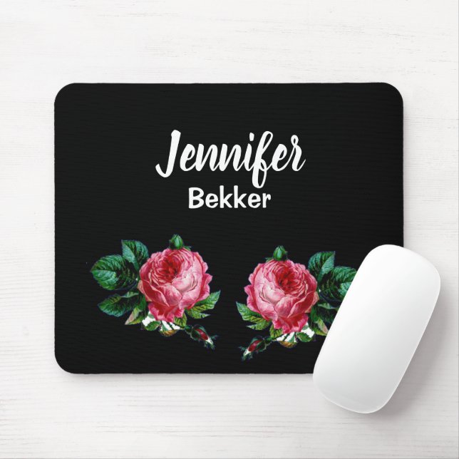 Mousepad Nome personalizado de flor rosa-vírgula preto (Com mouse)