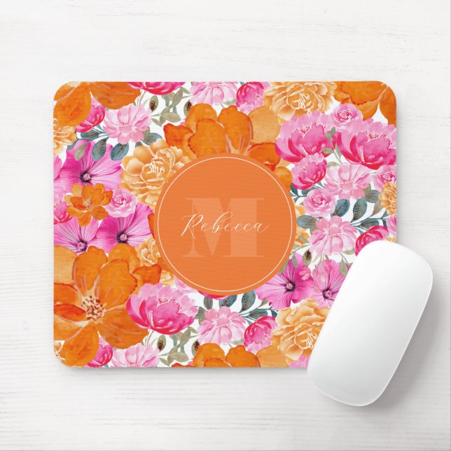 Mousepad Nome Personalizado de Jardim Floral Laranja e Rosa (Com mouse)