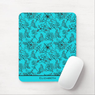 Mousepad Nome personalizado de padrão uniforme floral azul