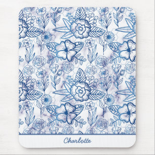Mousepad Nome personalizado de padrão uniforme floral azul