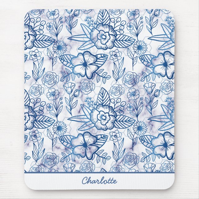 Mousepad Nome personalizado de padrão uniforme floral azul (Frente)
