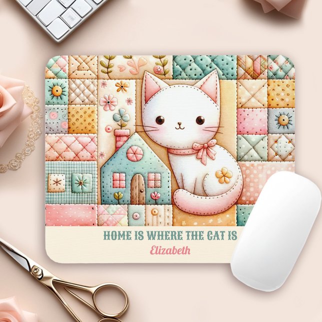 Mousepad Nome Personalizado de Pastel de Colagem de Coleta  (Cute Cat House Quilt Patchwork Pastel Custom Name Mouse Pad)