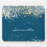 Mousepad Nome Personalizado de Rapariga da Glitter<br><div class="desc">Brilhante prateado com opção de nome personalizado. Moça divertida e design de moda. Produto de escritório divertido. Fundo azul colorido.</div>