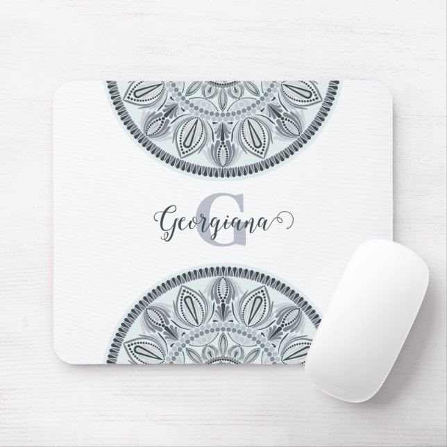Mousepad Nome Personalizado Harmonia Floral Cinza Monotone  (Com mouse)