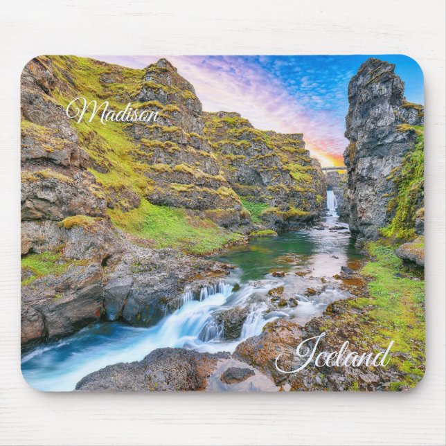 Mousepad Nome Personalizado Kolufossar Waterfall, Islândia (Frente)