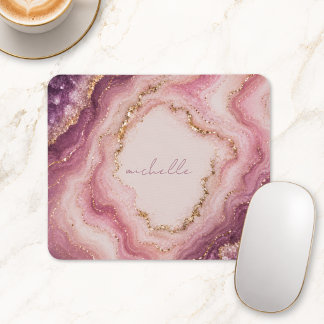 Mousepad Nome Personalizado Mármore Geodo Rosa Roxo Dourado