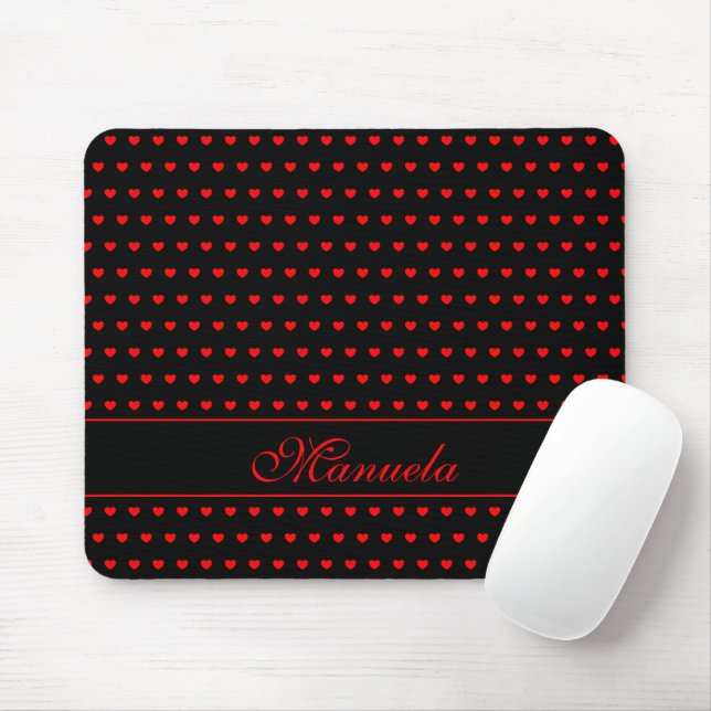 Mousepad Nome Personalizado - Padrão de Corações Vermelhos  (Com mouse)