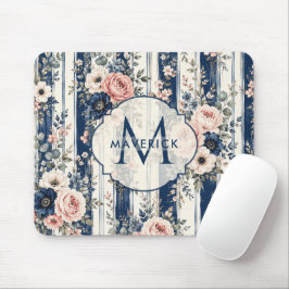 Mousepad Nome Personalizado Padrão de Floral Azul Marinho e