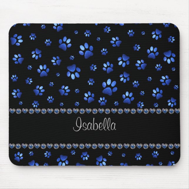 Mousepad Nome personalizado, patas de cão com brilho azul (Frente)