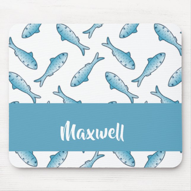 Mousepad Nome personalizado peixe azul em branco (Frente)