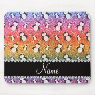 Mousepad Nome personalizado pinguins brilhantes do arco-íri