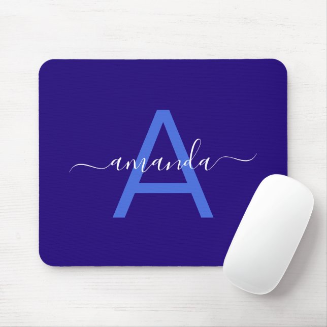 Mousepad Nome Personalizado Simples e Azul Monogramado Pers (Com mouse)