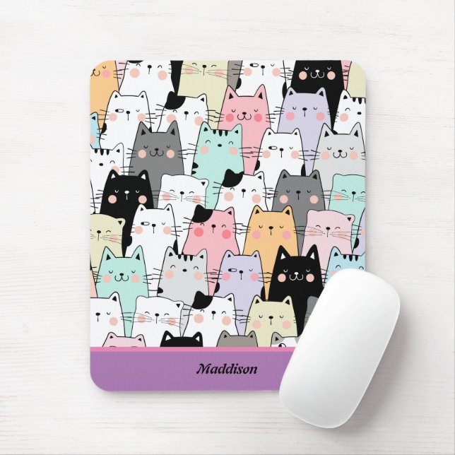 Mousepad Nome Personalizável do Padrão de Cat Kawaii (Com mouse)