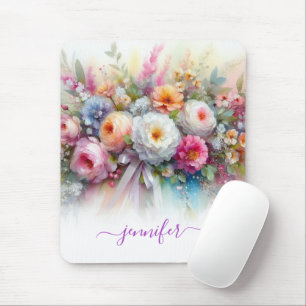 Mousepad Nome Script Flores Aquarela Elegante Vertical