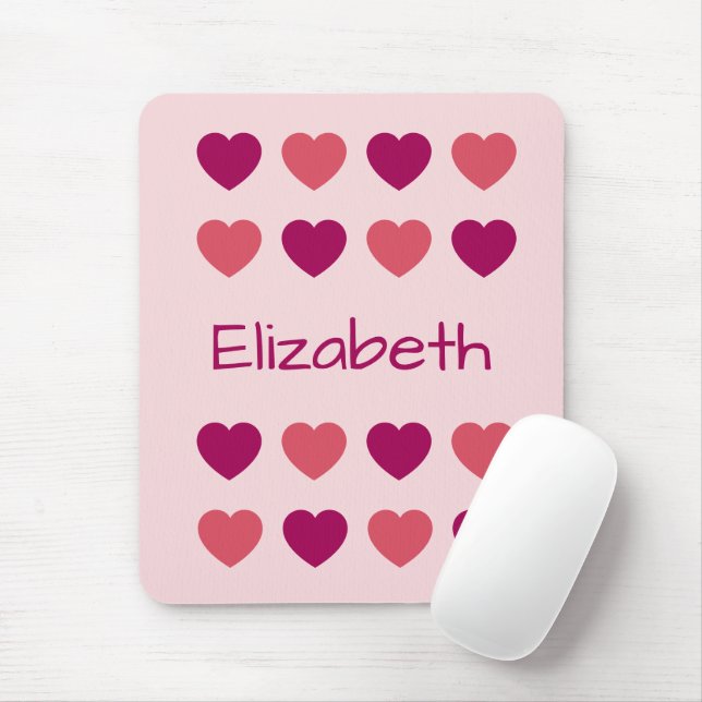 Mousepad Nomes com Padrão de Corações em Tons de Rosa Fofo (Com mouse)