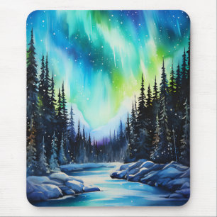 Mousepad Norte de Aquarela Luzes aurora borealis