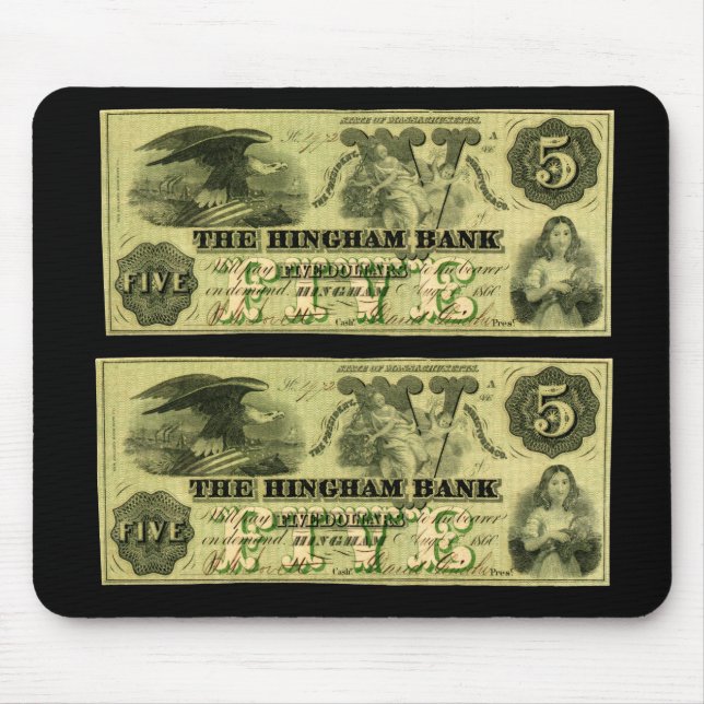 Mousepad Nota de 5 Dólares de Hingham Massachusetts, 1860 (Frente)
