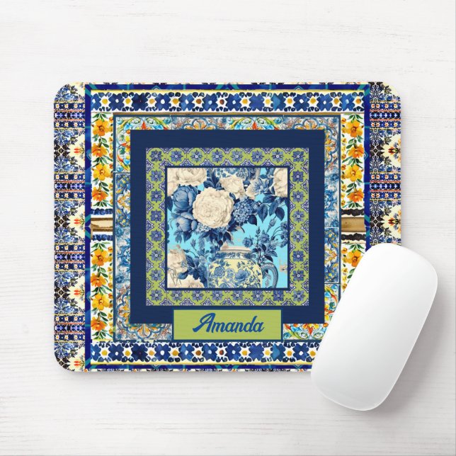 Mousepad Nota de monograma elegante de azulejo azul floral (Com mouse)