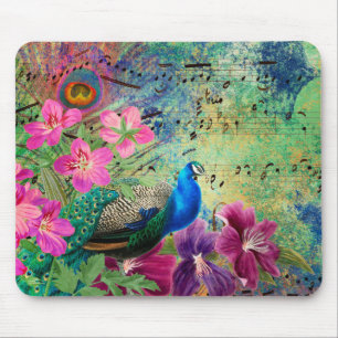 Mousepad Notas Musicais de Flores Púrpuras de Pavão Azul