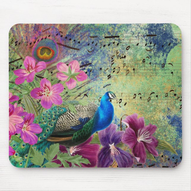 Mousepad Notas Musicais de Flores Púrpuras de Pavão Azul (Frente)