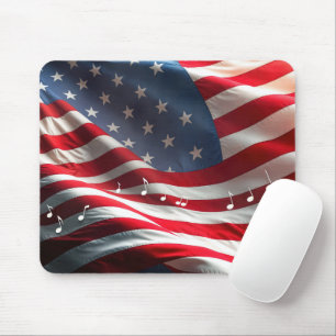 Mousepad Notas Musicais Flutuando Sobre uma Bandeira Americ