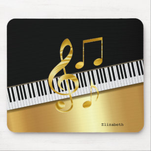 Mousepad Notas Musicais Preto Dourado Moderno Elegante, Tec