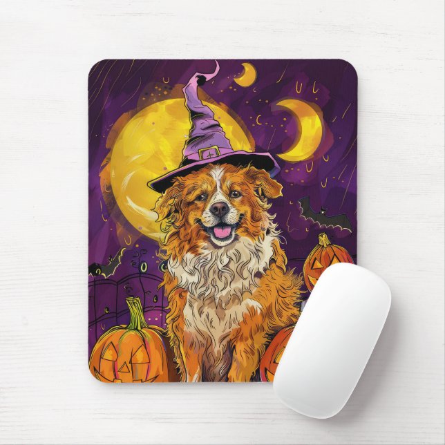Mousepad Nova Escócia Duck Toller Halloween Bruxas Pumpkin (Com mouse)