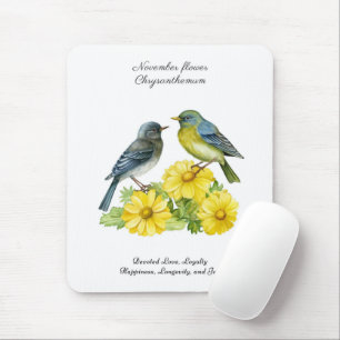 Mousepad Novembro Nascimento Mês Flor Pássaros Chrysanthemu