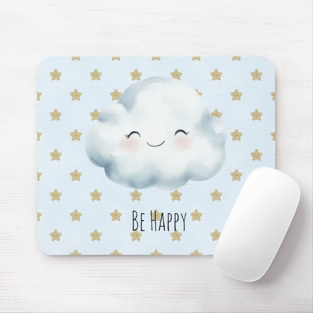 Mousepad Nuvem Estrelas Douradas Fique Feliz Azul (Com mouse)