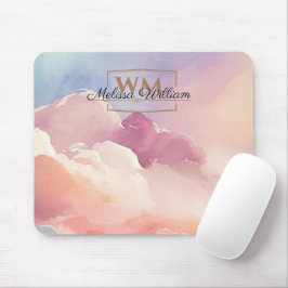 Mousepad Nuvens de Aquarelas Nome do Monograma Dourado Pret