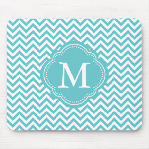 Mousepad O Aqua feminino Chevron branco listra o monograma