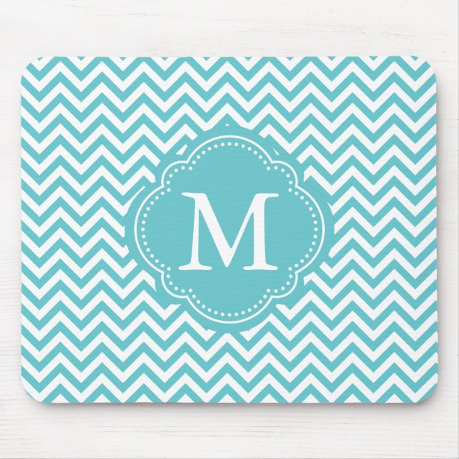 Mousepad O Aqua feminino Chevron branco listra o monograma (Frente)