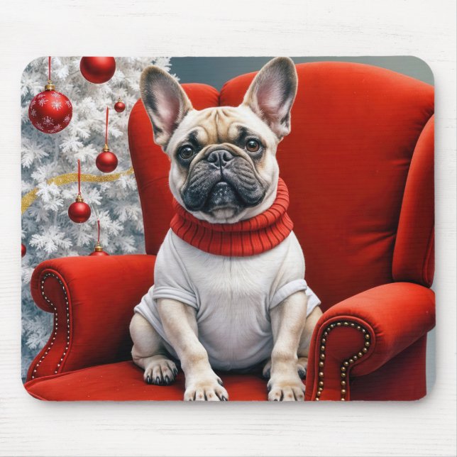 Mousepad O Buldogue Francês de Natal Em uma Cadeira Vermelh (Frente)