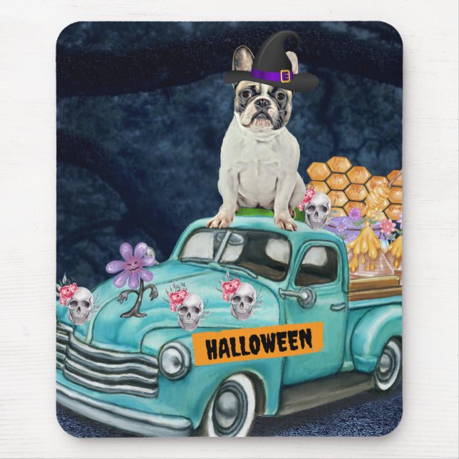 Mousepad O Bulldog Francês Halloween Caminhão Assustado Noi (Frente)