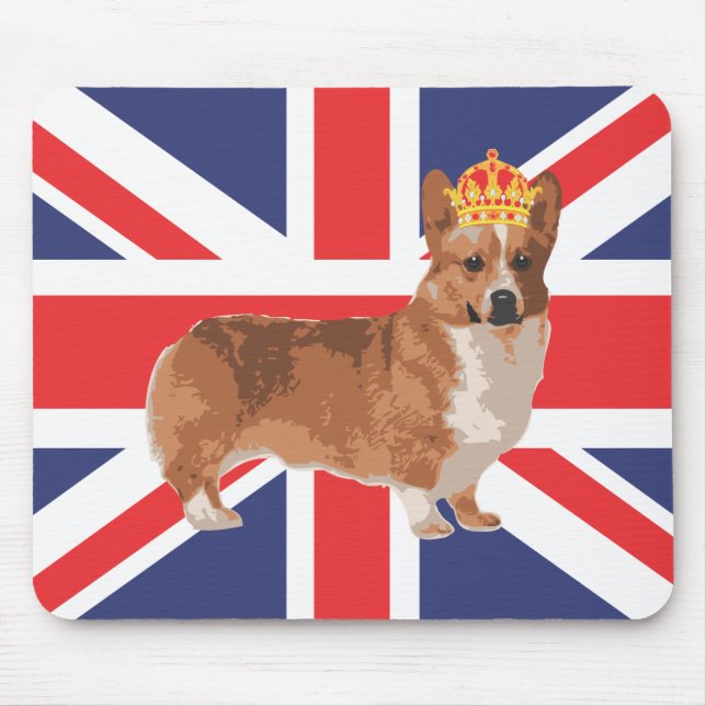 Mousepad O Corgi da rainha com coroa e Union Jack (Frente)