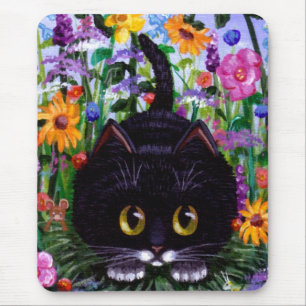Mousepad O gato floral do smoking do preto da arte floresce