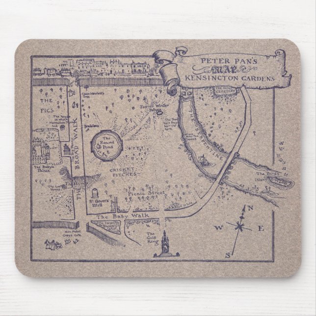 Mousepad O mapa de Peter Pan de jardins de Kensington (Frente)