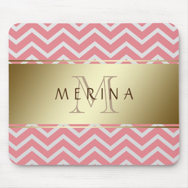 Mousepad O monograma Dourado do teste padrão de Chevron (Frente)