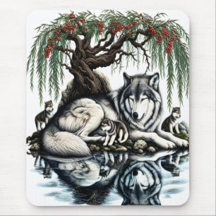 Mousepad Oásis da Família Serene Wolf em Natureza Idílica