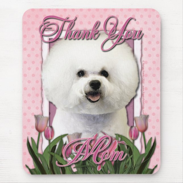 Mousepad Obrigado - tulipas cor-de-rosa - Bichon Frise (Frente)