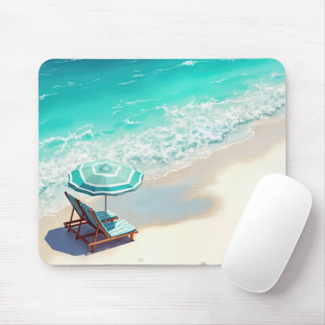 Mousepad Ocean Beach com Chaise Lounge e Umbrella (Com mouse)