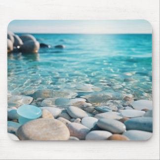 Mousepad Oceano Azul com Vidro do Mar e Pedras na Praia