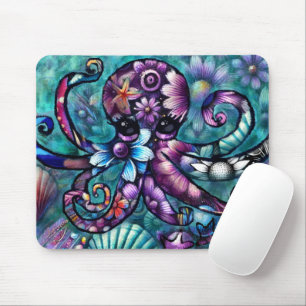 Mousepad Octopus Floral Teal Roxo Azul Costeira