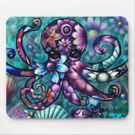 Mousepad Octopus Floral Teal Roxo Azul Costeira
