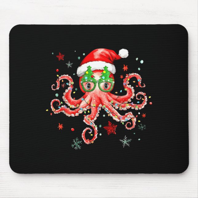 Mousepad Octopus Gles Santa Hat Christmas Light Ocean Anima (Frente)