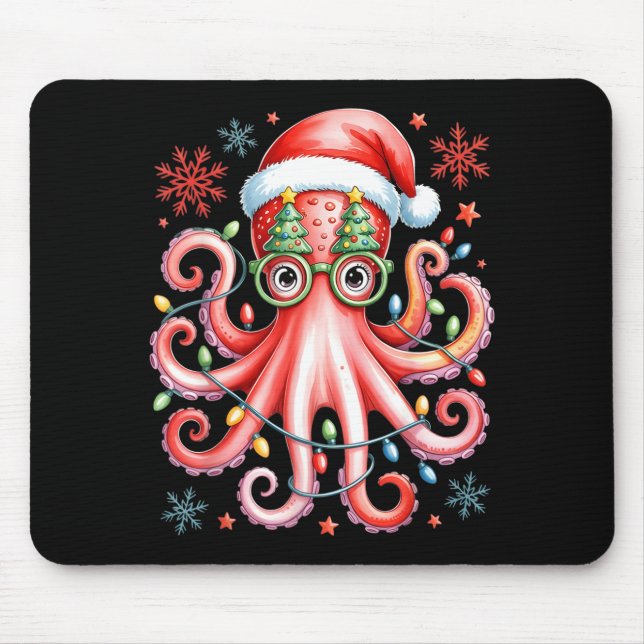 Mousepad Octopus Gles Santa Hat Christmas Light Ocean Anima (Frente)