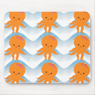 Mousepad Octopus Laranja E Padrão De Ondas Azuis