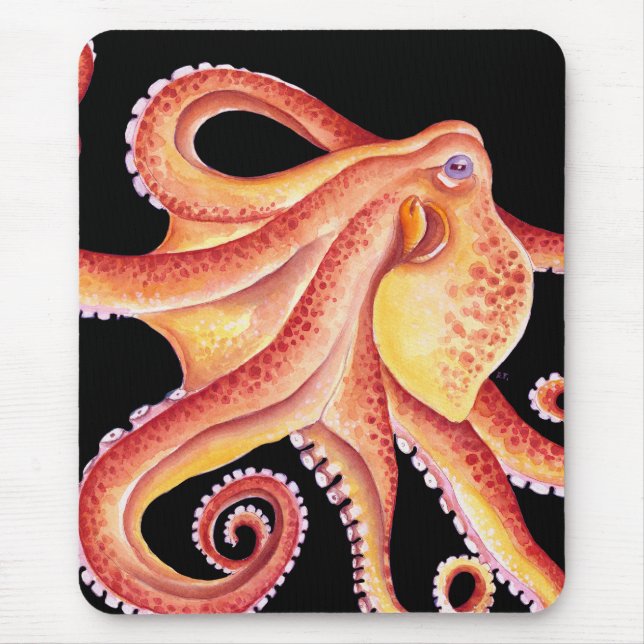 Mousepad Octopus Vermelho na Arte Preta de Aquarela (Frente)